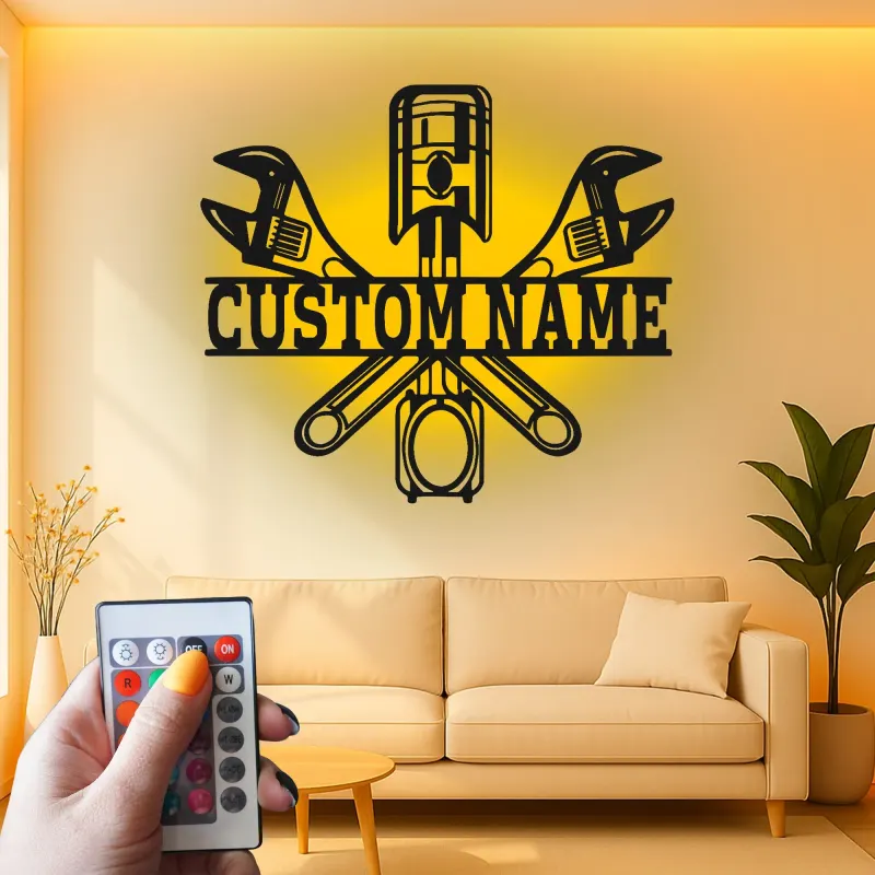 Custom LED Mechanic Sign | Metal Piston & Wrenches Wall Art | Personalized Garage Decor | Auto Shop Lighted Gift