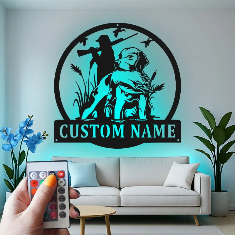 Custom Hunting Dog LED Metal Wall Art | Personalized Labrador Retriever Sign | Hunter Gift for Man Cave Decor | Duck Hunting Silhouette