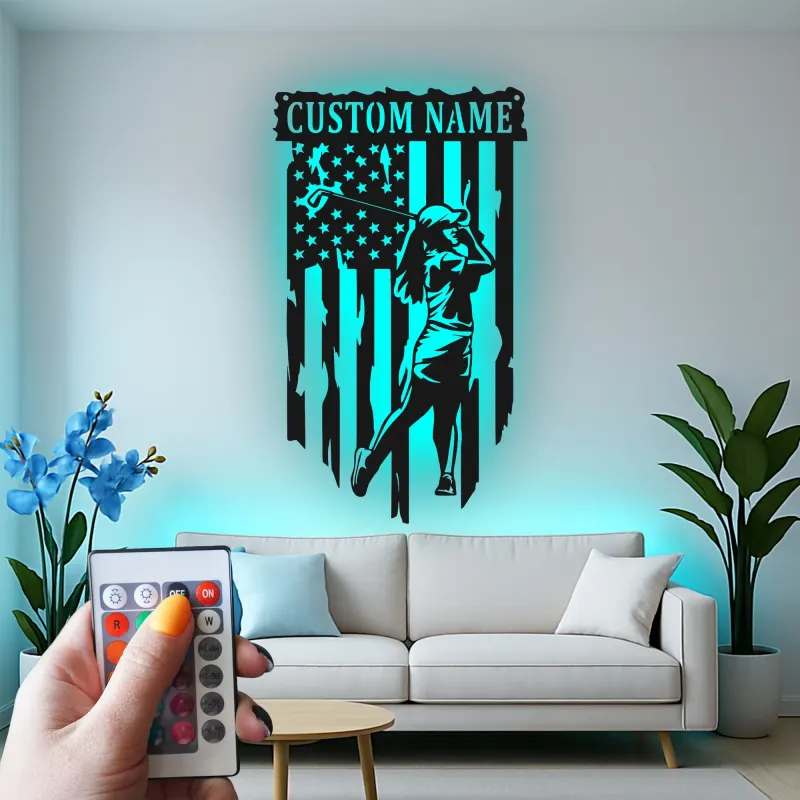 Panneau de golf personnalisé avec LED | Décoration murale en métal personnalisée pour golfeur | Décor drapeau américain pour bureau, maison et man cave
