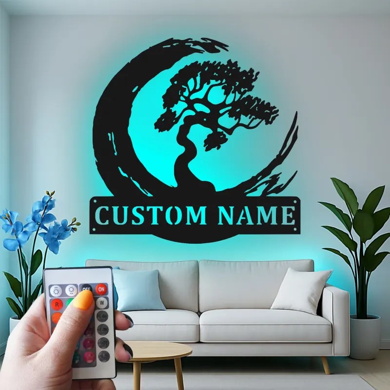 Décoration murale en métal personnalisée Arbre Bonsai avec rétroéclairage LED Cadeau Zen pour la maison Décor de salon tranquille 1