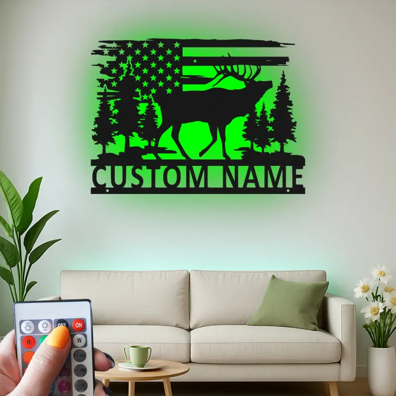 Insegna in metallo personalizzata con luce LED a forma di alce e bandiera americana, regalo per amanti della natura, decorazione per cabine rustiche