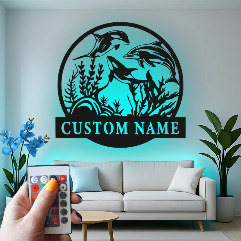 Insegna in metallo personalizzata con vita marina e luce LED regalo marino decorazione per casa costiera