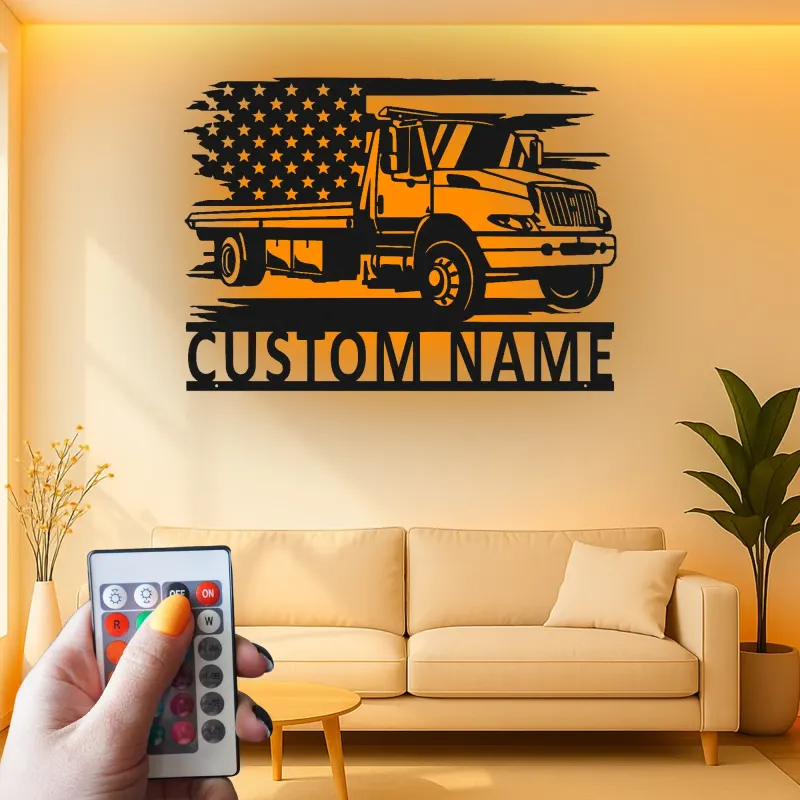Enseigne camion de dépannage plateau personnalisée | Décoration murale LED en métal | Décor drapeau américain pour garage ou bureau | Cadeau pour chauffeur routier