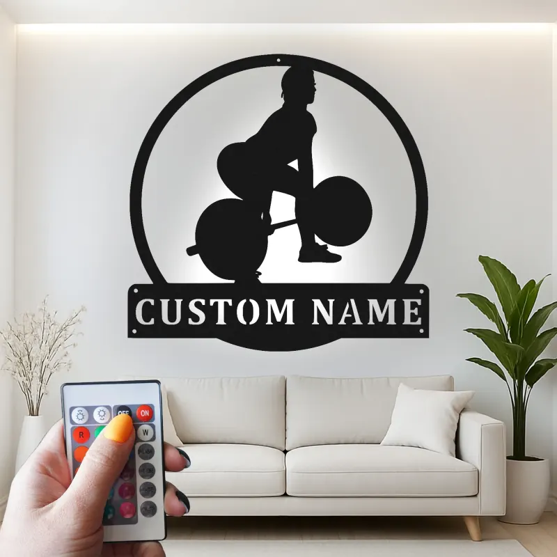 Décoration murale en métal personnalisée pour haltérophile avec rétroéclairage LED - Cadeau de fitness pour passionnés de gym