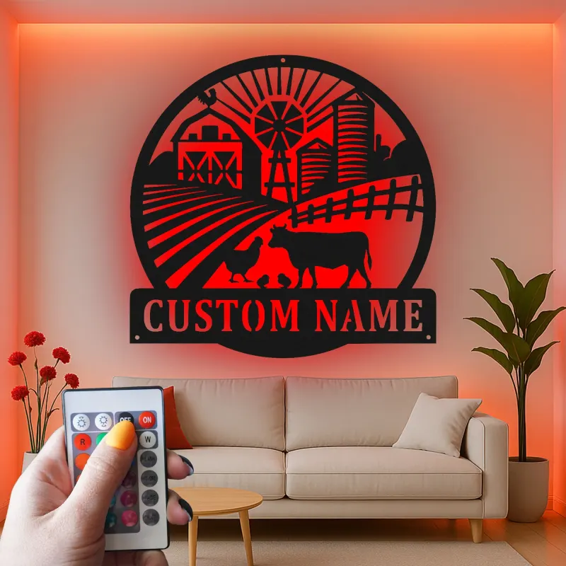 Custom Farm Scene Led Light Metal Wall Art Personalized Farmer Gift Rustic Barnyard Decor for Home 1