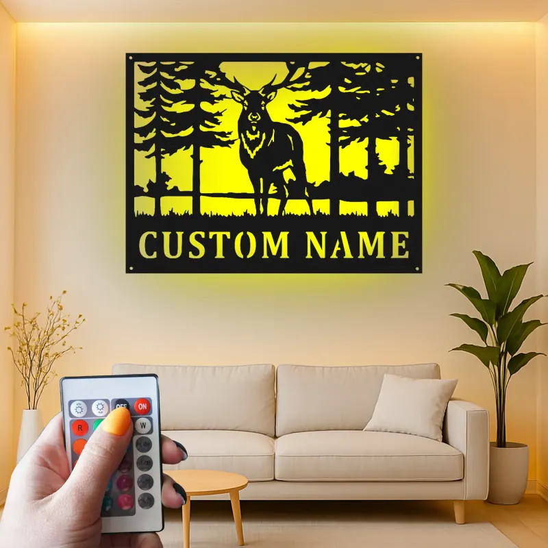 Décoration murale en métal personnalisée avec éclairage LED de forêt de cerfs - Cadeau pour les amoureux de la nature, décoration de chalet ou de pavillon 2