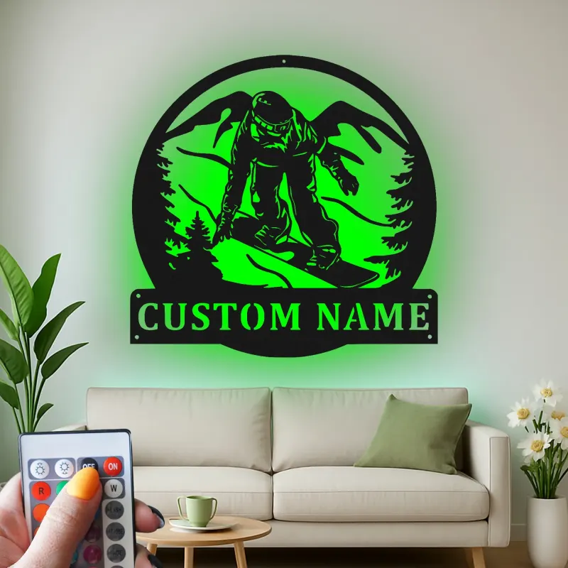 Cartel LED de snowboarder personalizado | Arte mural de metal personalizado | Decoración retroiluminada de montaña para cueva de hombres | Regalo de snowboarder
