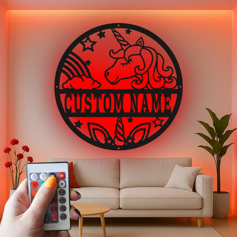 Décoration murale en métal personnalisée Licorne avec rétroéclairage LED Cadeau personnalisé pour enfants Décor de chambre magique