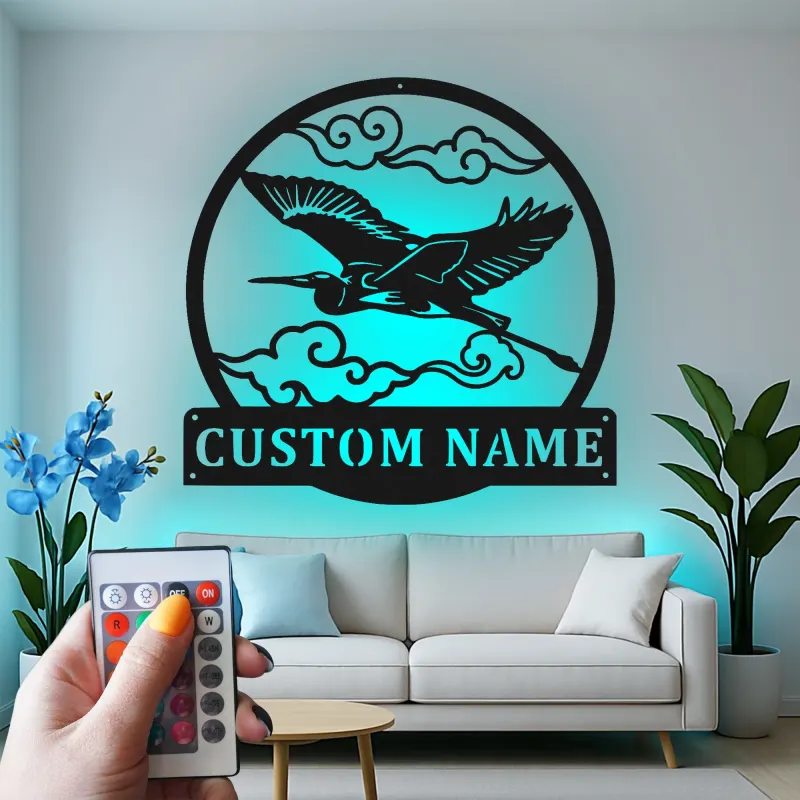 Personalized Heron LED Sign | Custom Metal Wall Art | Outdoor Garden & Patio Decor | Japandi Nature Lover Gift