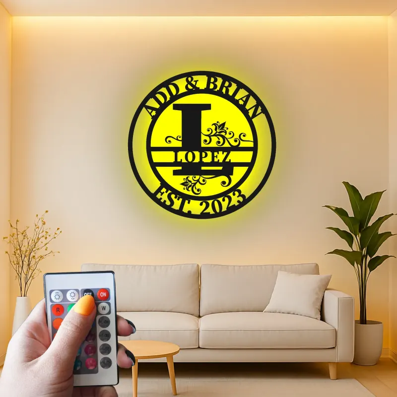 Décoration murale en métal personnalisée avec rétroéclairage LED - Cadeau de crémaillère personnalisé pour le salon avec date d'établissement