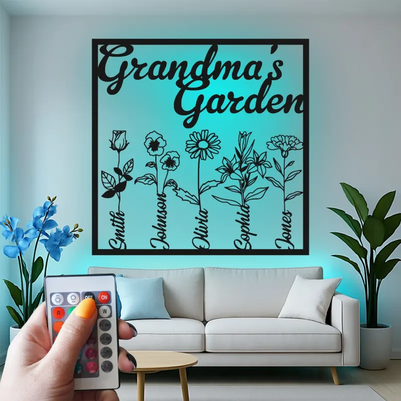 Personalisiertes Omas Garten Schild | Individuelle Metall-Wandkunst mit LED-Lichtern | Familienname-Dekoration | Geschenk für Oma