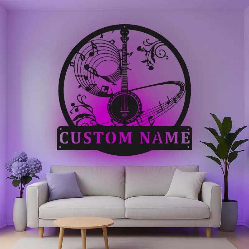 Cartel de metal LED de notas musicales de banjo personalizado, regalo para músicos, decoración para sala de música