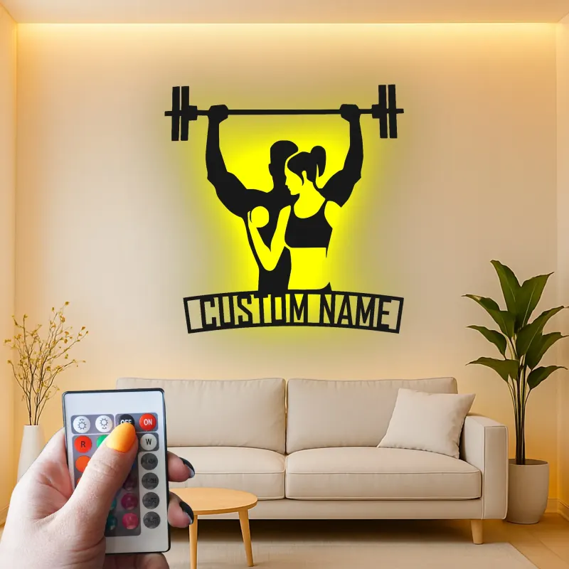 Panneau en métal personnalisé pour couple sportif | Décor LED personnalisé pour salle de sport à la maison | Décoration murale fitness, cadeau pour couple