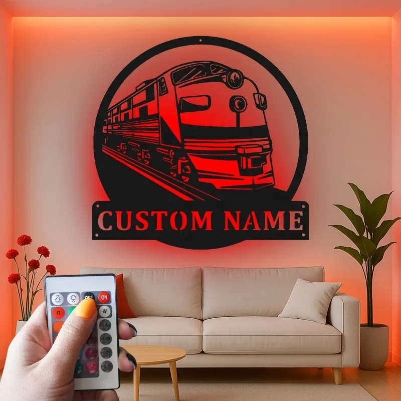Custom Train Locomotive Led Light Metal Wall Art Personalized Gift for Train Enthusiasts Man Cave Decor 1