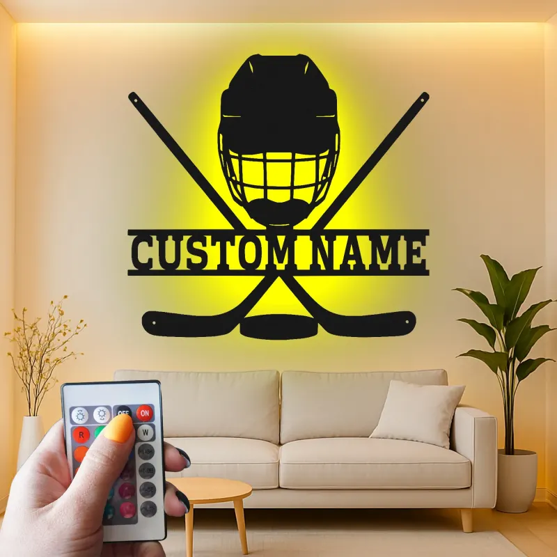 Enseigne personnalisée de hockey | Décoration murale LED en métal pour salle de jeux | Cadeau personnalisé pour joueur de hockey, garçons et fans
