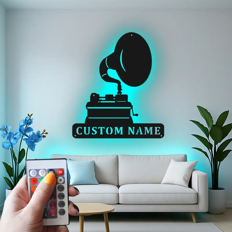 Personalisierte Vintage Phonograph LED Licht Metall-Wandkunst Geschenk für Musikliebhaber, Retro-Wohnzimmer-Dekor