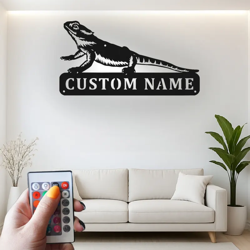 Insegna in metallo personalizzata con drago barbuto e luce LED regalo per amanti degli animali decorazione per stanza rettile