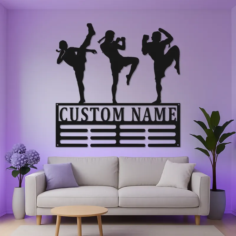 Panneau LED Muay Thai Personnalisé | Art mural en métal Kickboxing sur mesure | Décor d'Arts Martiaux pour Salle de Sport ou Cadeau pour Athlète