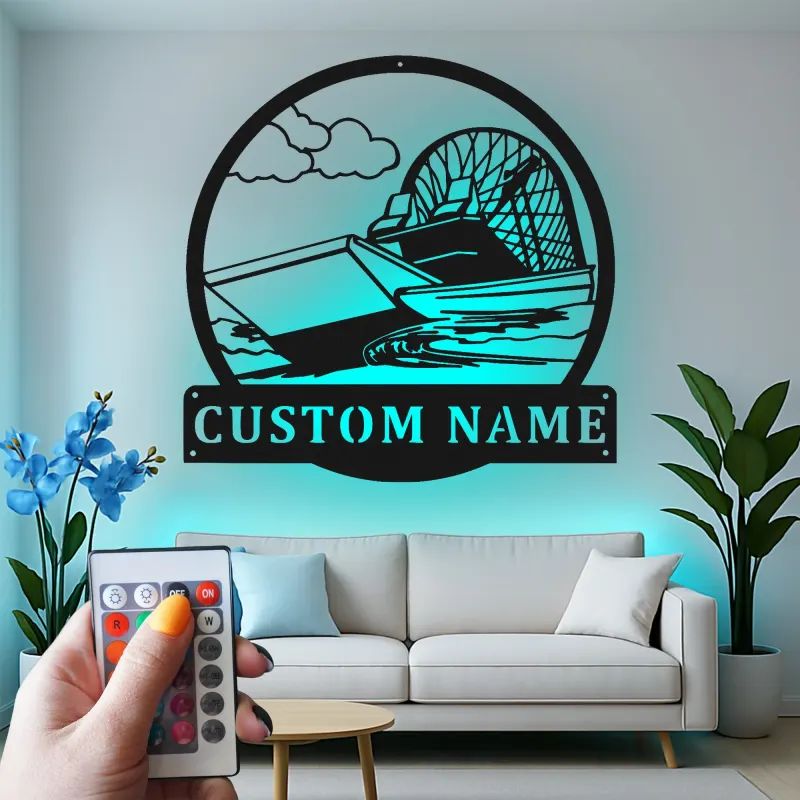 Décoration murale en métal LED personnalisée en forme d'airboat - Cadeau pour les passionnés de navigation - Décor nautique pour man cave