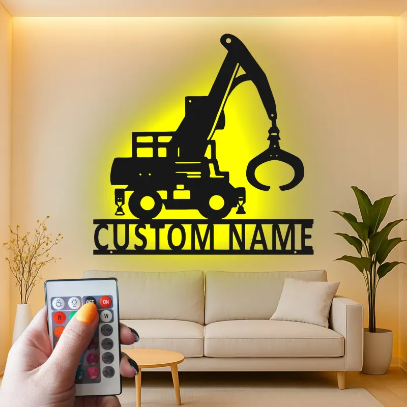 Personalisierte LED-Metall-Wandkunst mit Baukran – Geschenk für Bauprofis, Garage oder Büro