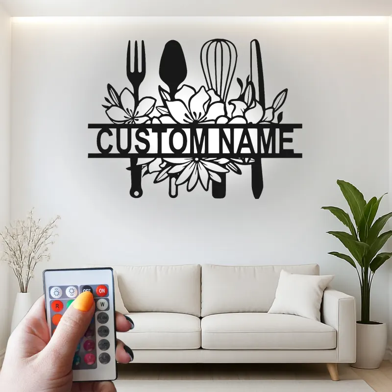 Cartel de cocina personalizado con LED | Arte mural de utensilios de metal floral personalizado | Regalo de decoración de chef para mamá | Decoración de cocina moderna de granja