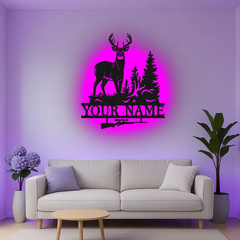 Insegna in metallo personalizzata per cacciatori di cervi con luce LED regalo personalizzato per cacciatori decorazione rustica per cabine 3