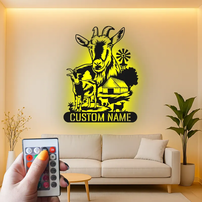 Insegna LED personalizzata per fattoria di capre | Arte murale in metallo personalizzata per agricoltori | Arredo rustico per casa di campagna e ranch