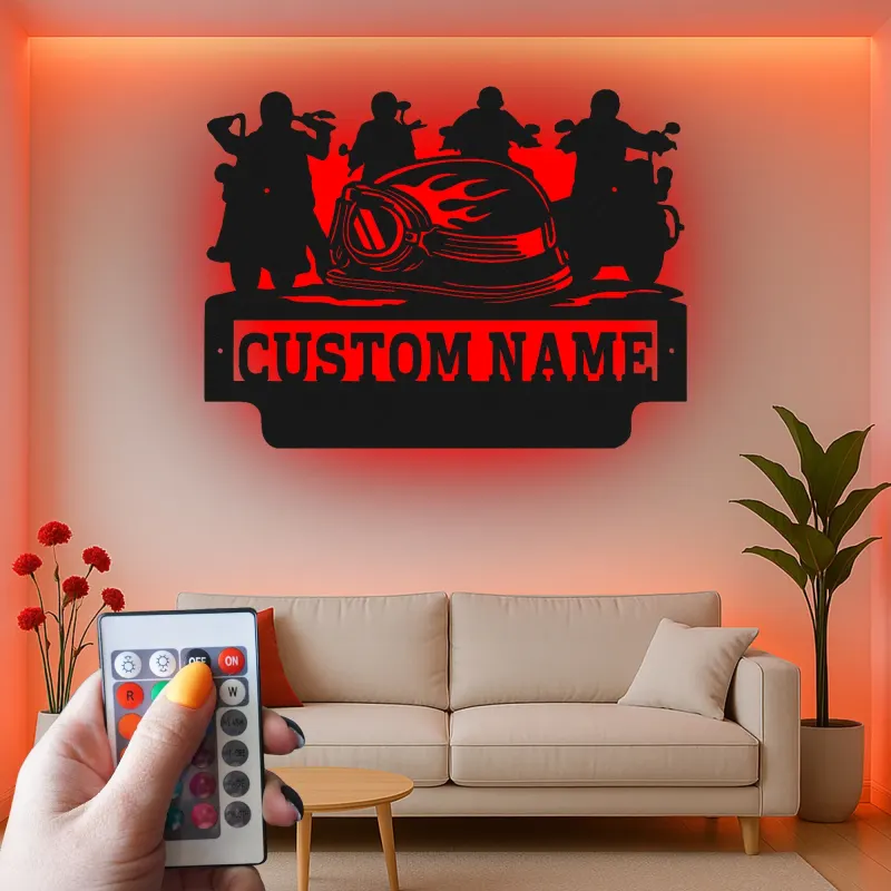 Panneau en métal de moto personnalisé avec LED | Art mural de nom de biker sur mesure | Décoration de cave à vin et garage | Cadeau pour pilotes