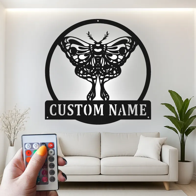 Cartel de metal LED con polilla, regalo personalizado para amantes de la naturaleza, decoración de dormitorio o sala de estar