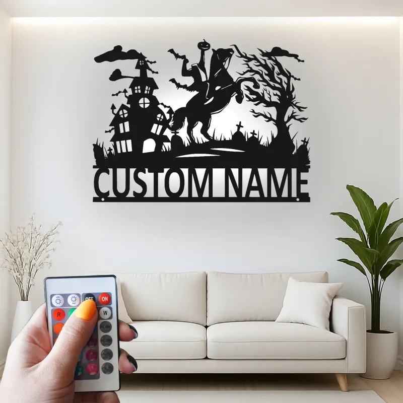 Headless Horseman Metal Sign with LED | Custom Halloween Decor | Personalized Spooky Wall Art for Home & Porch
