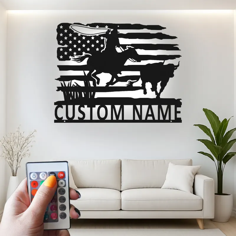 Cartel de metal personalizado con luz LED de vaquero rodeo, regalo western para él, decoración rústica de rancho