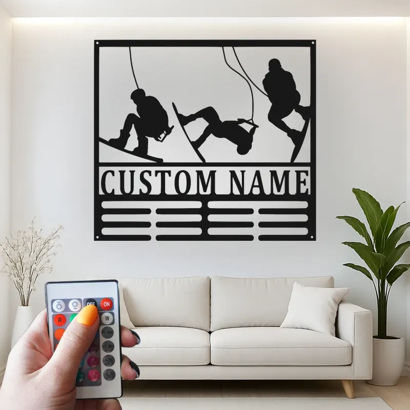 Décoration murale en métal personnalisée Aventure de ski avec rétroéclairage LED Cadeau personnalisé pour les passionnés de ski Décor de salle de jeux