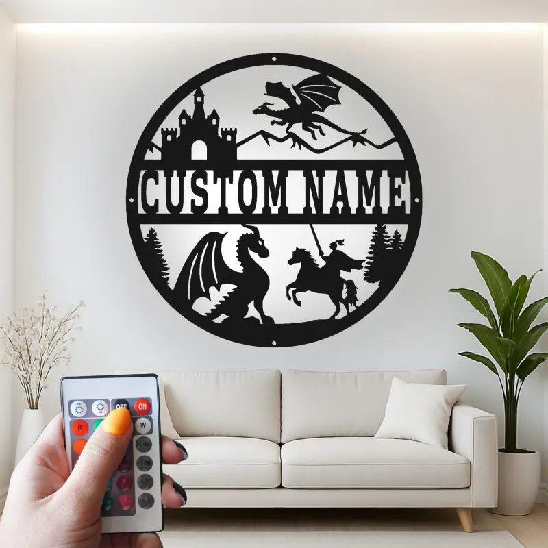 Insegna in metallo LED Drago e Castello Regalo Fantasia per Decorazione Camera Bambini per Amanti dell'Avventura