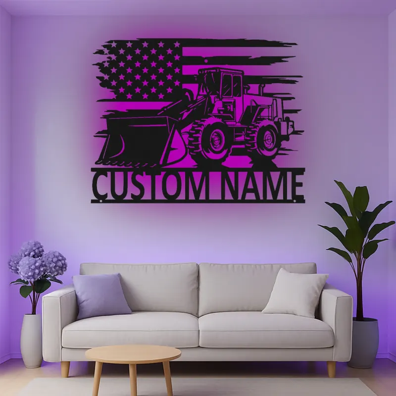 Custom Bulldozer American Flag Led Light Metal Wall Art Construction Gift for Him Garage or Workshop Decor