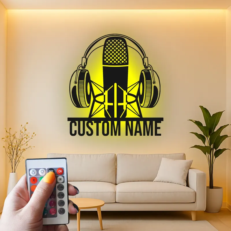 Custom Podcast Mic Sign | Personalized LED Metal Wall Art | Studio Decor for Podcaster & Musician Gift