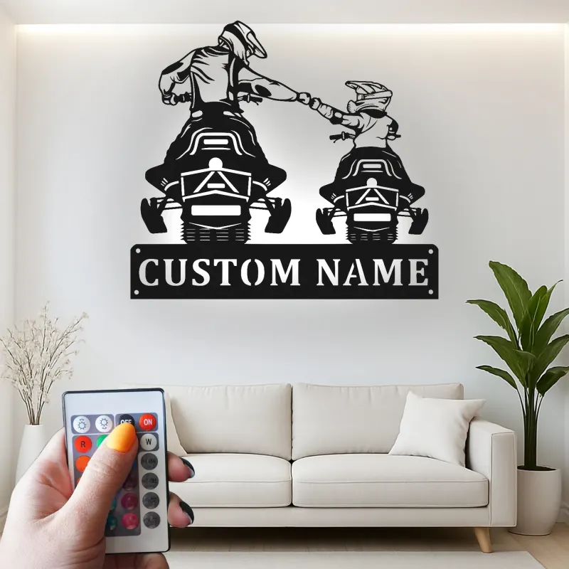 Arte de Metal de Motociclismo Padre e Hijo | Cartel Personalizado LED para Papá | Decoración de Silueta de Rider Personalizada