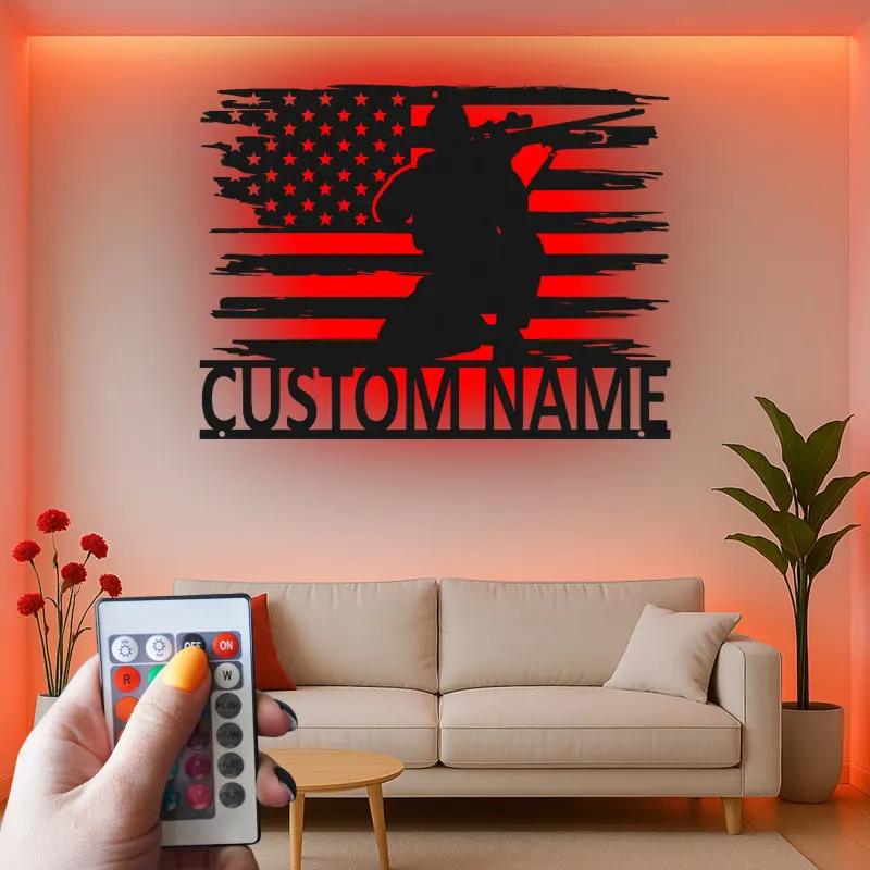 Personalized Sniper Metal Sign | LED American Flag Wall Art | Custom Military Decor for Veteran | Patriotic Man Cave Gift