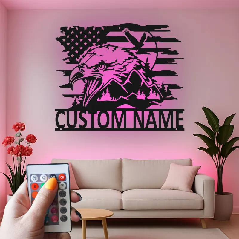 Insegna in metallo LED personalizzata con aquila e bandiera americana - Regalo patriottico per veterani, decorazione per man cave o ufficio