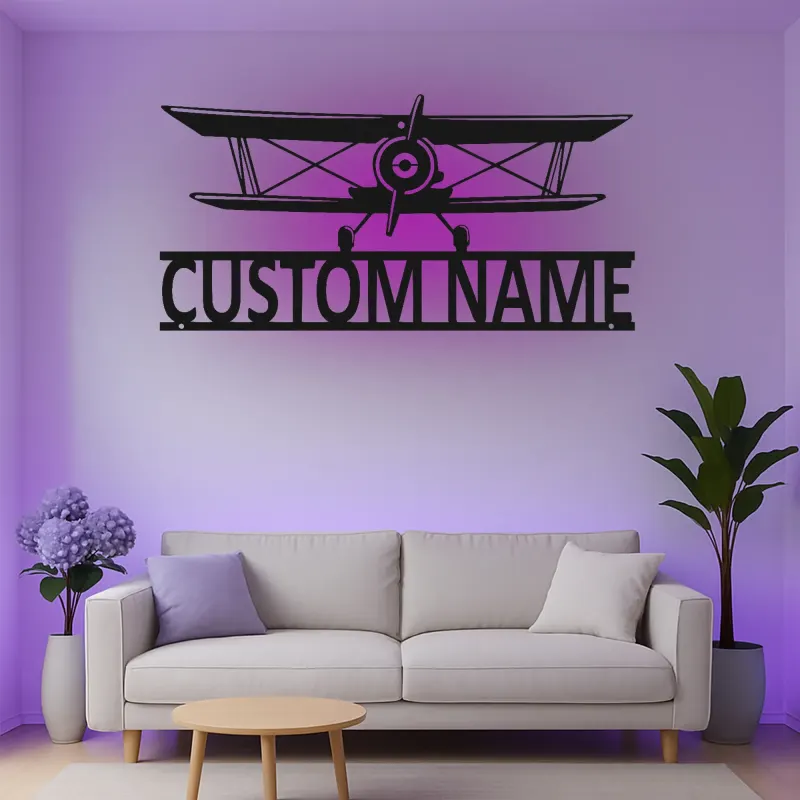 Personalisierte Biplan LED Licht Metall-Wandkunst – Geschenk für Piloten, Hangar oder Büro Dekor