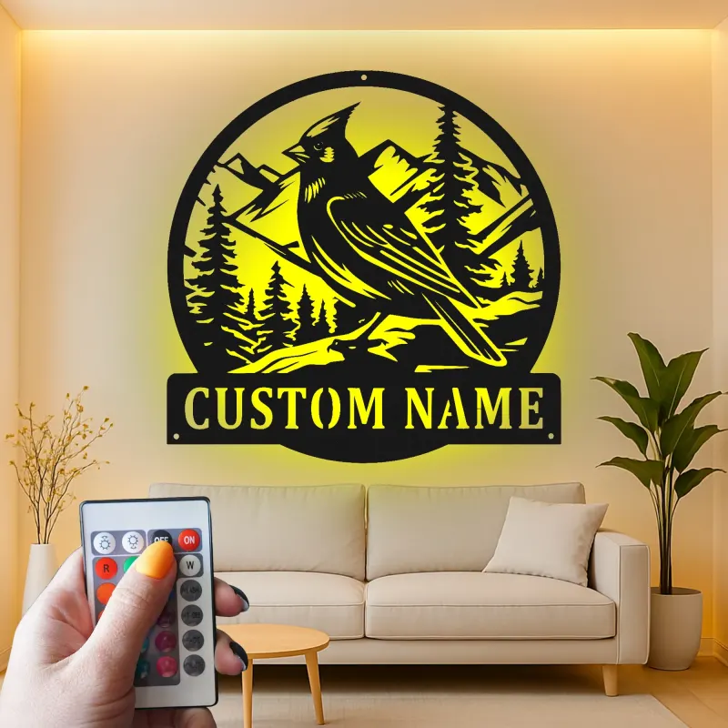 Personalisierte Kardinal-Mountain-Szene LED-Metall-Wandkunst – Geschenk für Naturliebhaber, für Hütte oder Wohnzimmer