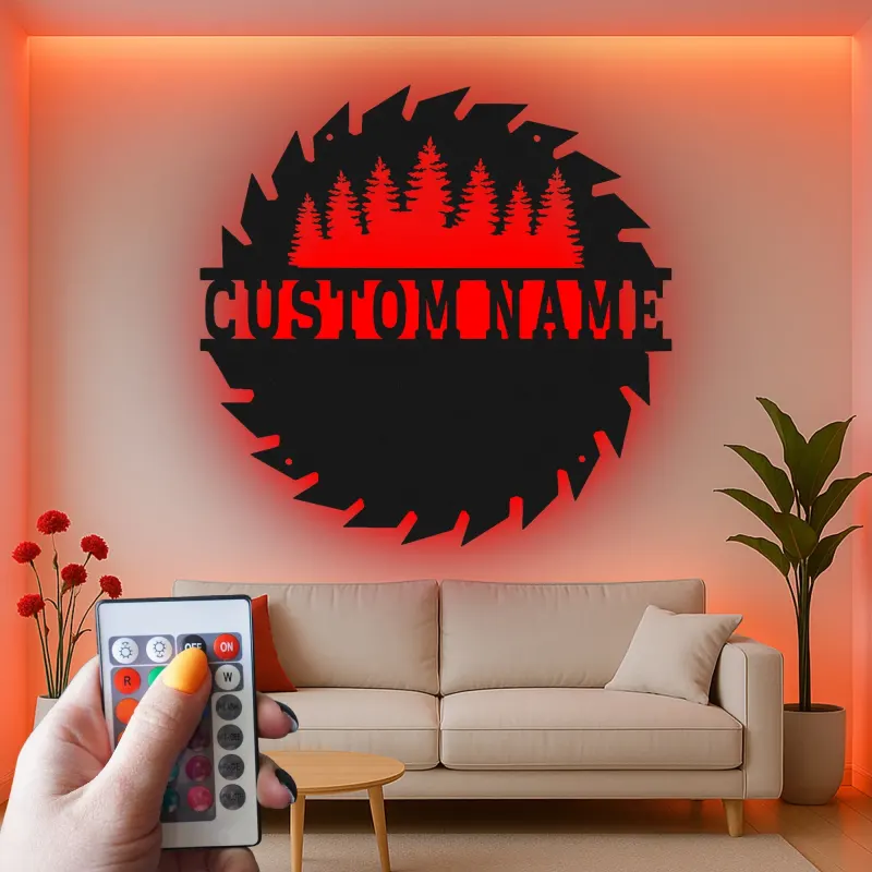 Cartel de metal LED del bosque de sierras personalizado, regalo para carpinteros, decoración rústica para el taller