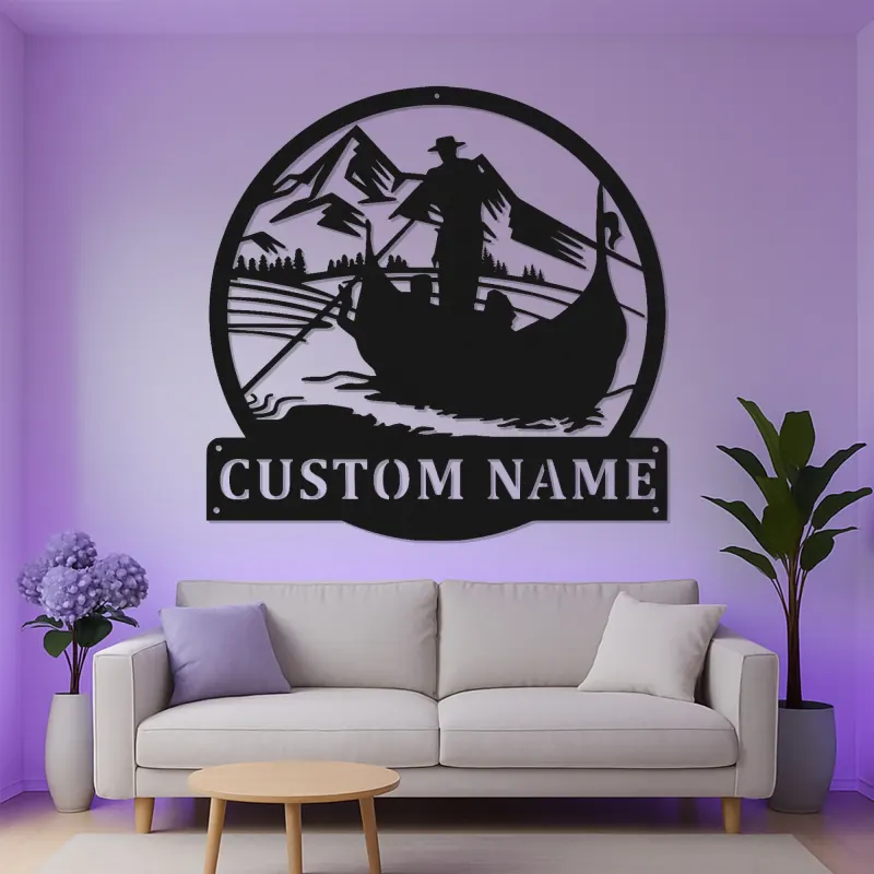 Insegna in metallo personalizzata per pesca con LED | Arte da parete con nome su misura per casa al lago e baita | Regalo originale per pescatore