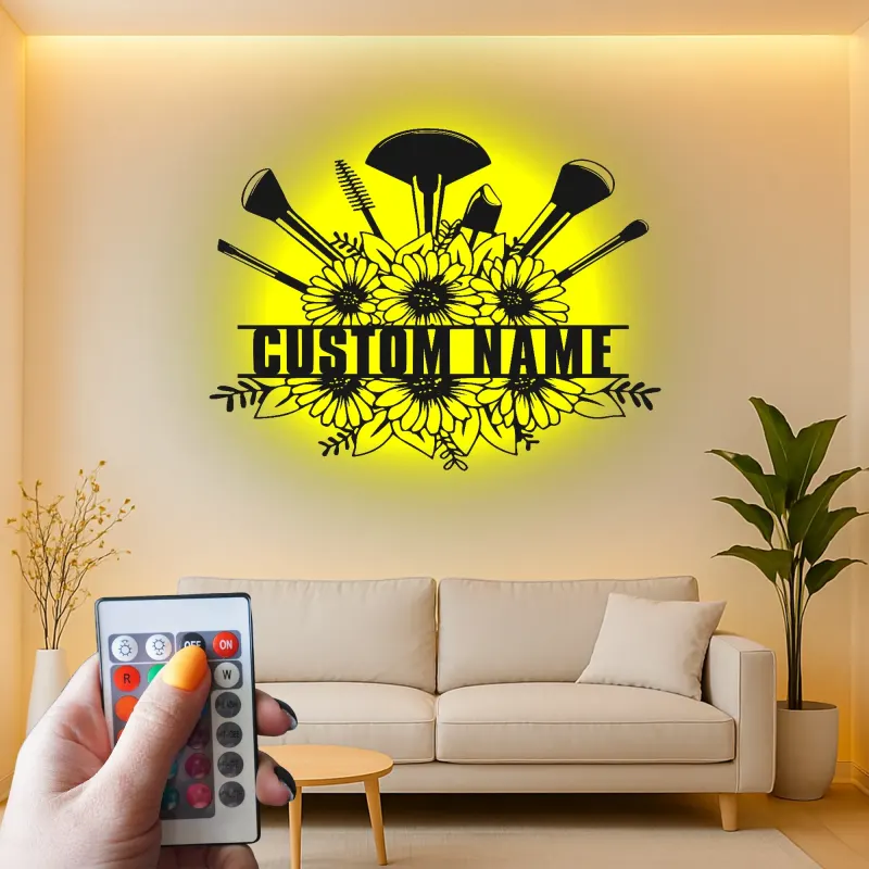 Panneau maquilleuse sur mesure | Décoration murale florale LED en métal | Décor personnalisé pour salon de beauté | Logo coiffeuse