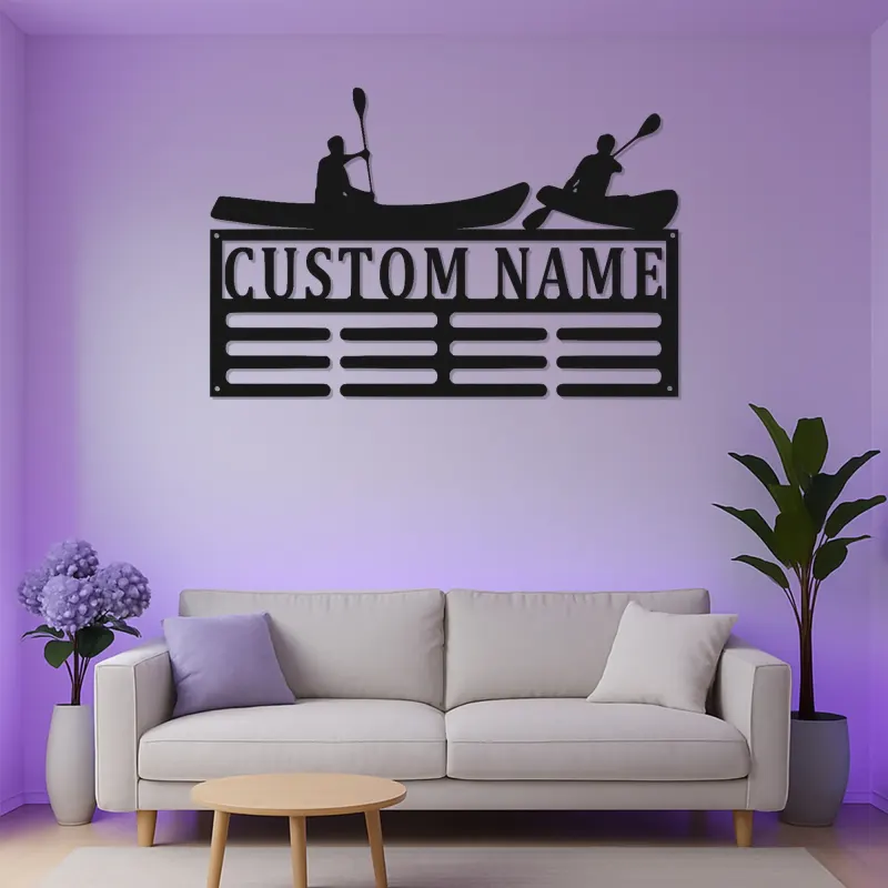 Portamedallas personalizado de kayak | Arte mural de metal personalizado con LED | Expositor de dorsales y medallas de kayakista | Regalo para amantes del aire libre