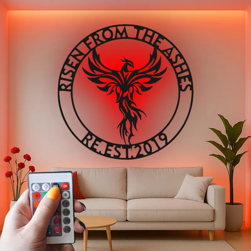 Panneau Métallique LED Phoenix Éveillé | Décoration Murale Personnalisée pour Logo d'Entreprise | Décor Inspirant pour Bureau et Studio