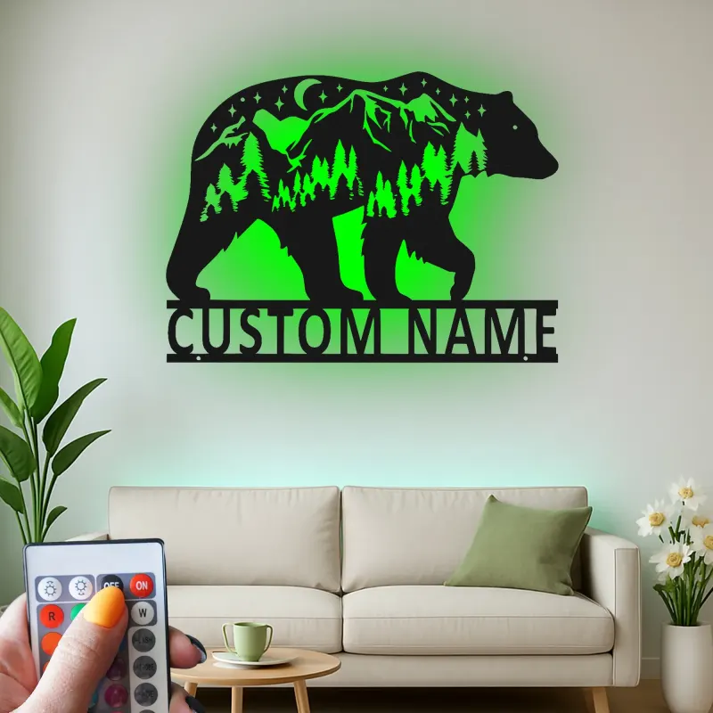 Décoration murale en métal personnalisée avec éclairage LED Forêt d'Ours Cadeau pour Amateurs de Nature Décor de Cabane ou Salon
