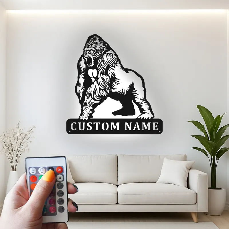 Gorilla LED Metal Wall Art | Custom Name Sign for Home Gym & Man Cave | Personalized Wildlife Decor