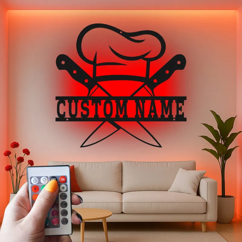 Décoration murale en métal personnalisée Chapeau de Chef et Couteaux avec rétroéclairage LED