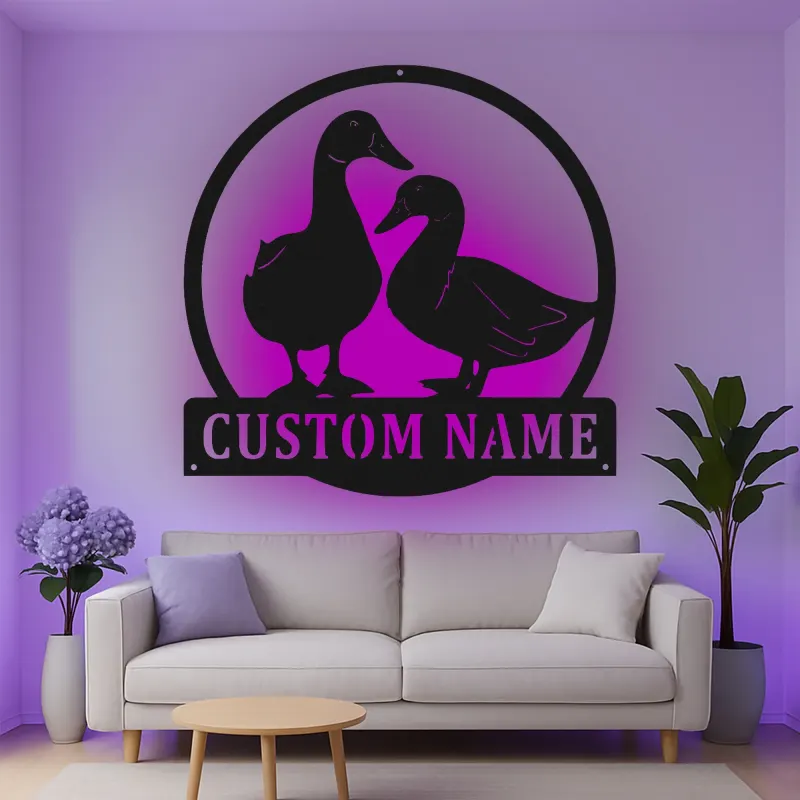 Insegna in metallo LED personalizzata con coppia di anatre - Regalo per fattoria, decorazione rustica per cucina o giardino