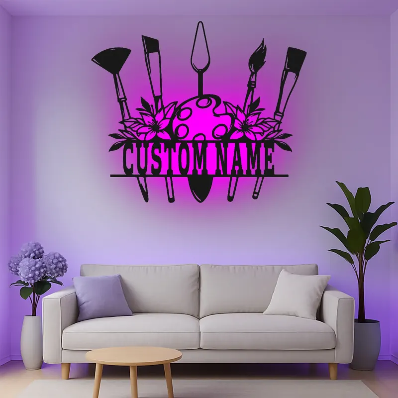 Insegna in metallo personalizzata con luce LED a forma di tavolozza per artisti regalo personalizzato per pittori, decorazione per studio o sala d'arte